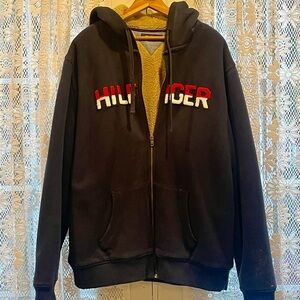 Heavy Tommy Hilfiger Hooded Navy Sweat Jacket with Tan Fleece Lining. Size XL